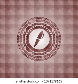 pen icon inside red seamless emblem or badge with geometric pattern background.