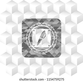 pen icon inside retro style grey emblem with geometric cube white background