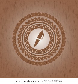 pen icon inside retro style wood emblem