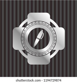 pen icon inside silvery badge or emblem