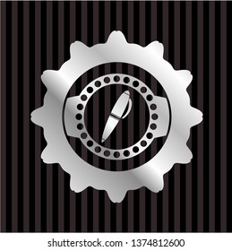 pen icon inside silvery badge or emblem