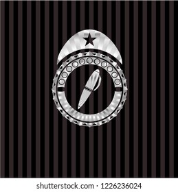pen icon inside silvery emblem or badge