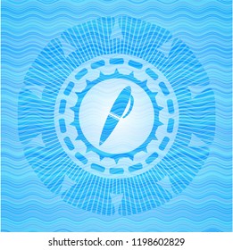 pen icon inside sky blue water style emblem.