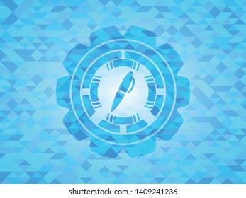 pen icon inside sky blue emblem with triangle mosaic background