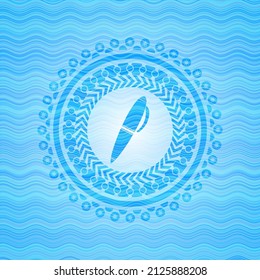 pen icon inside sky blue water wave badge background. 