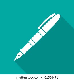 Pen icon with long shadow. Flat design style. Fountain pen simple silhouette. Modern minimalistic icon in stylish colors. Web site page and mobile app design vector element.