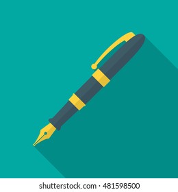 Pen icon with long shadow. Flat design style. Fountain pen simple silhouette. Modern minimalistic icon in stylish colors. Web site page and mobile app design vector element.