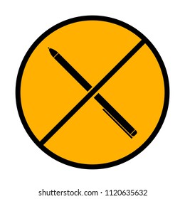 Pen icon. not allowed, black object in warning sign with orange background color