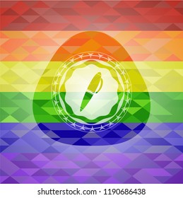 pen icon on mosaic background with the colors of the LGBT flag
