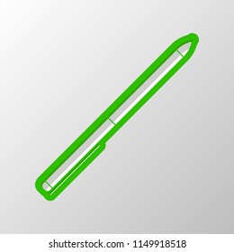 Pen icon. Paper style. Cut symbol with green bold contour on shape and simple shadow