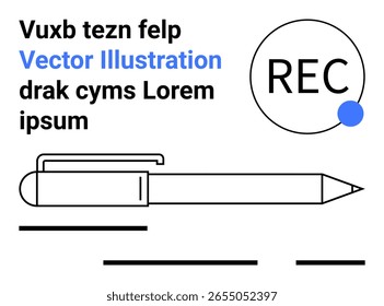 Pen icon, recording circle with dot, and text. Ideal for blogs, educational materials, apps, presentations, marketing, websites, social media. Black, white, and blue elements Clean minimal design
