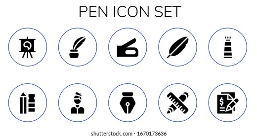 pen icon set. 10 filled pen icons.  Simple modern icons such as: Canvas, Pencil, Inkwell, Artist, Stapler, Pen, Feather, Ruler, Paint tube, Contract