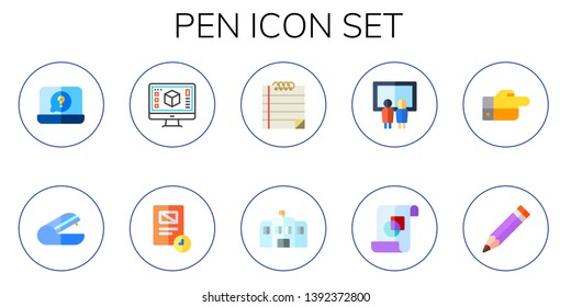 pen icon set. 10 flat pen icons.  Simple modern icons about  - notebook, stapler, graphic design, document, note, school, painting, decree, pencil