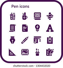 pen icon set. 16 filled pen icons.  Simple modern icons about  - Highlighter, Pencil case, Signature, Artist, Papyrus, Exam, Creativity, Font, Pen, Pencil, Education, Notepad