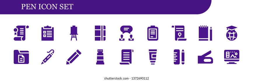 pen icon set. 18 filled pen icons.  
