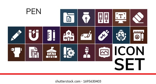 pen icon set. 19 filled pen icons. Included Document, Pencil, Pen, School, Sketch, Artist, Painting, Content, Autograph, Pendrive, Cervantes, Ruler, Documentation, Typography icons
