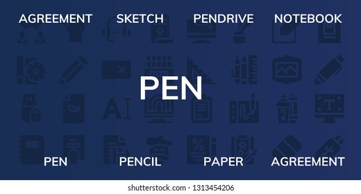 pen icon set. 32 filled pen icons. on blue background style Simple modern icons about  - Agreement, Sketch, Pendrive, Notebook, Pen, Pencil, Paper, Lesson, Erase, Typography, Document