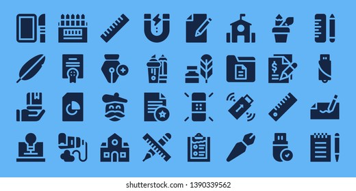 pen icon set. 32 filled pen icons. on blue background style Collection Of - Dissection, Feather, Education, Creativity, Colored pencils, Agreement, Document, Paint tube, Ruler