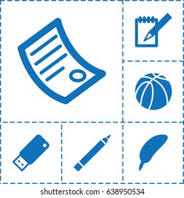 Pen icon. set of 6 pen filled icons such as pen, basketball, notebook, usb drive, document