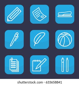 Pen icon. set of 9 outline pen icons such as pencil, basketball, paper, notebook, stapler, document, feather