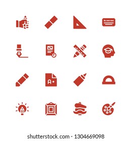 pen icon set. Collection of 16 filled pen icons included Painting palette, Artist, Painting, Creativity, Ruler, Glue, Exam, Pencil, Education, Pen, Document, Ink Cheque, Rubber