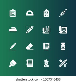 pen icon set. Collection of 16 filled pen icons included Pencil, Artist, Notebook, Brush, Paint tube, Document, Eraser, Sketching, d printing pen, Clipboard, Ruler, Painting