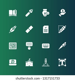 pen icon set. Collection of 16 filled pen icons included Typography, Pencil, School, Notebook, Pen, Cheque, Brush, Painting, d printing Document, Rubber, Feather, Finance