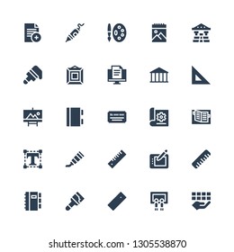 pen icon set. Collection of 25 filled pen icons included Document, Painting, Ruler, Paint, Notebook, Graphic tablet, Paint tube, Typography, Cheque, Bank, Brush, Sketchbook, Painting palette