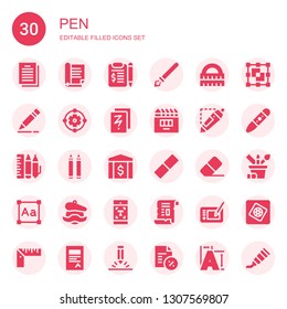 pen icon set. Collection of 30 filled pen icons included Contract, Document, Ink pen, Ruler, Pencil, Design, Sketch, d printing Design tool, Crayons, Bank, Rubber, Eraser