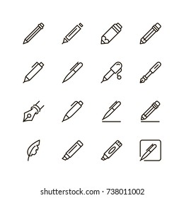 Pen icon set. Collection of high quality outline pencil pictograms in modern flat style. Black writing symbol for web design and mobile app on white background. Drawing line logo.