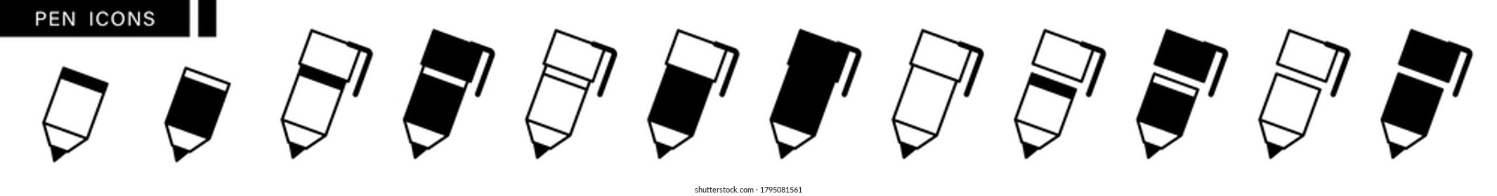 Pen icon set. Edit symbol. Different style pen icons set. Flat and line style on white isolated background. Vector illustration.