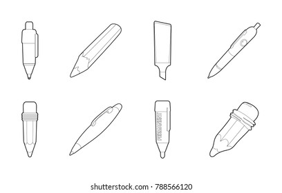 Pen icon set. Outline set of pen vector icons for web design isolated on white background