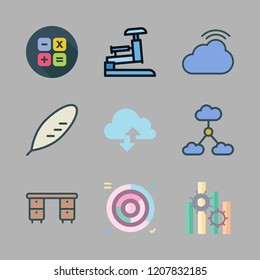 pen icon set. vector set about quill, stapple, desk and calculator icons set.