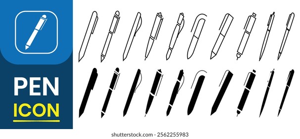 Pen icon, vector collection. Collection pen silhouette. Write icon collection, icons for writing and artistic tools. Drawing and Signature pen outline and filled vector sign. Vector illustration.