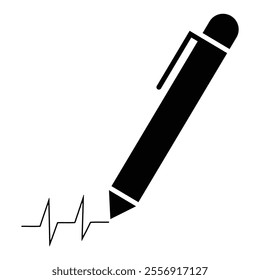 Pen icon, vector with heartbeat line. Writing ink mark symbol line and glyph versions, signature pen outlines and filled vector signs. Vector illustration.