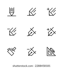 Pen icon vector isolated simple black sign. Nine types of pen, brush, ruler designs, for web design and app tools. eps10
