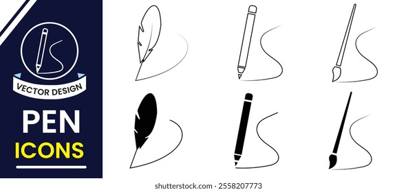 Pen icon, vector set. Feather pen silhouette, symbol design. Pen line icon, education icon. Vector illustration.	