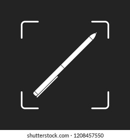 Pen icon. White object in camera autofocus on dark background