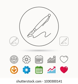 Pen icon. Writing tool sign. Calendar, Graph chart and Cogwheel signs. Download and Heart love linear web icons. Vector