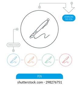 Pen icon. Writing tool sign. Line circle buttons. Download arrow symbol. Vector