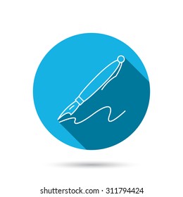 Pen icon. Writing tool sign. Blue flat circle button with shadow. Vector