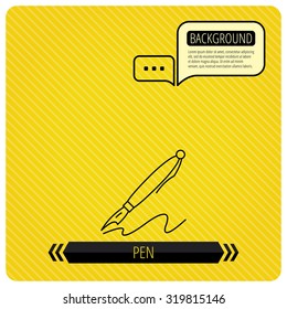 Pen icon. Writing tool sign. Chat speech bubbles. Orange line background. Vector