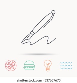 Pen Icon. Writing Tool Sign. Global Connect Network, Ocean Wave And Burger Icons. Lightbulb Lamp Symbol.