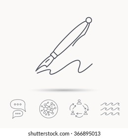 Pen icon. Writing tool sign. Global connect network, ocean wave and chat dialog icons. Teamwork symbol.