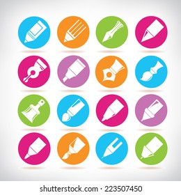 pen icons, colorful circle buttons set