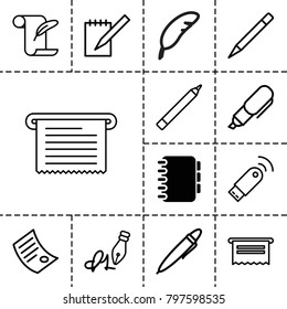 Pen icons. set of 13 editable outline pen icons such as notebook, feather and paper, document, usb signal
