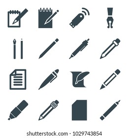 Pen icons. set of 16 editable filled pen icons such as pen, paper, notebook, usb signal