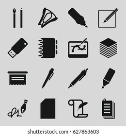 Pen icons set. set of 16 pen filled icons such as feather and paper, paper, highlighter, stapler, usb drive, notebook