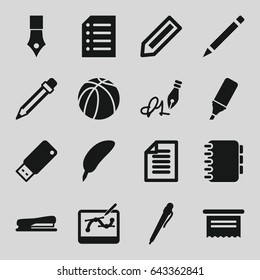 Pen icons set. set of 16 pen filled icons such as pencil, basketball, highlighter, stapler, paper, usb drive, notebook, feather