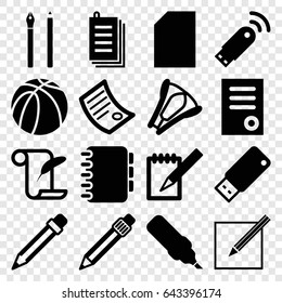 Pen icons set. set of 16 pen filled icons such as document, feather and paper, basketball, paper, pen, notebook, stapler, usb drive